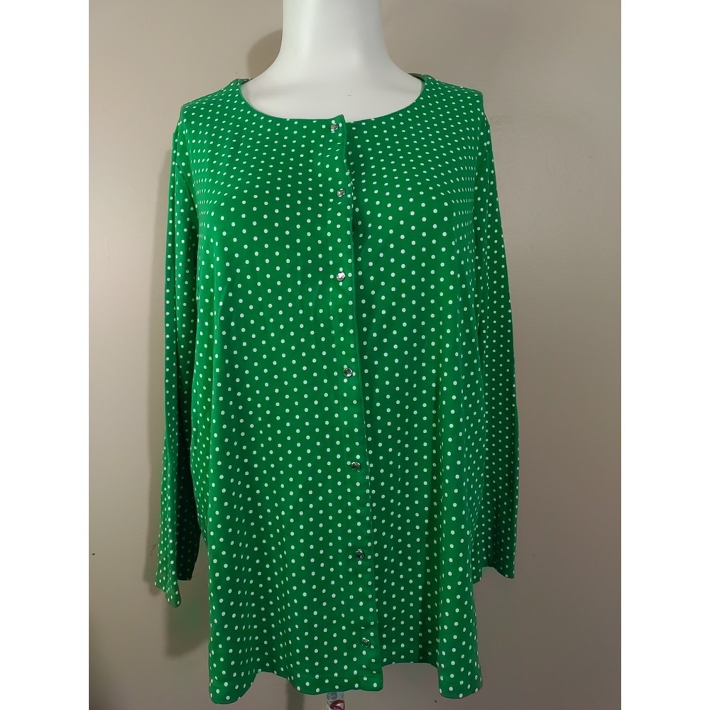 Quacker Factory‎ Green White Polka Dot Rhinstone Snaps Long sleeve Top Size 3X